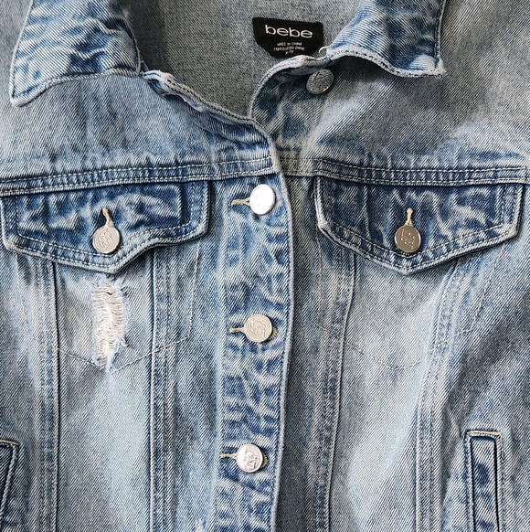 BeBe Women's Denim Jacket with Floral Embroidery And Rhinestones & Pockets - Picture 5 of 9